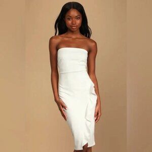 Lulus White Strapless Asymmetrical Ruffle Midi Bodycon Dress